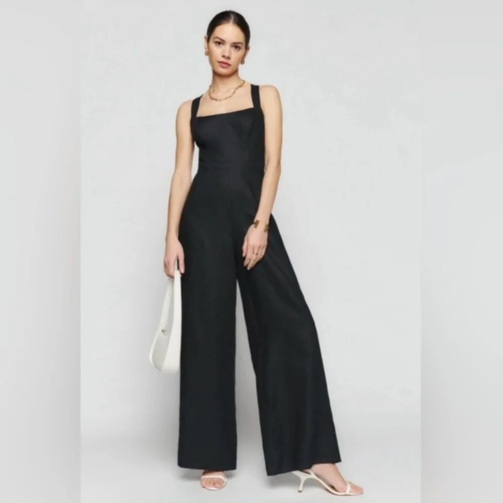 Reformation Linen Wide Leg Autumn Jumpsuit Black 2